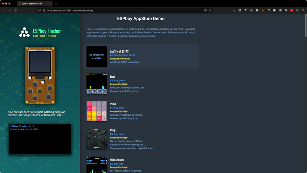 L'AppStore de l'ESPboy est disponible pour télécharger simplement les jeux dans votre ESPgirl